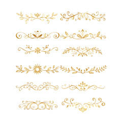 Gold text dividers doodle set. Wedding decorative elements. Divider ornament, borders, floral, vintage line separators. Hand drawn vector illustration isolated on white background. Set page dividers.
