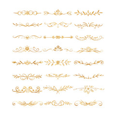 Obraz premium Gold text dividers doodle set. Wedding decorative elements. Divider ornament, borders, floral, vintage line separators. Hand drawn vector illustration isolated on white background. Set page dividers. 