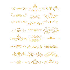 Gold text dividers doodle set. Wedding decorative elements. Divider ornament, borders, floral, vintage line separators. Hand drawn vector illustration isolated on white background. Set page dividers.
