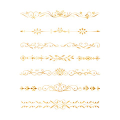 Gold text dividers doodle set. Wedding decorative elements. Divider ornament, borders, floral, vintage line separators. Hand drawn vector illustration isolated on white background. Set page dividers.
