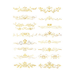 Gold text dividers doodle set. Wedding decorative elements. Divider ornament, borders, floral, vintage line separators. Hand drawn vector illustration isolated on white background. Set page dividers.
