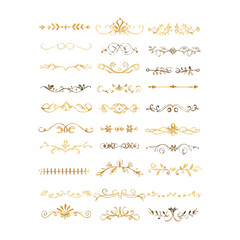 Gold text dividers doodle set. Wedding decorative elements. Divider ornament, borders, floral, vintage line separators. Hand drawn vector illustration isolated on white background. Set page dividers.
