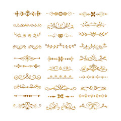 Gold text dividers doodle set. Wedding decorative elements. Divider ornament, borders, floral, vintage line separators. Hand drawn vector illustration isolated on white background. Set page dividers.

