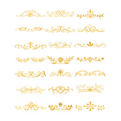 Obraz premium Gold text dividers doodle set. Wedding decorative elements. Divider ornament, borders, floral, vintage line separators. Hand drawn vector illustration isolated on white background. Set page dividers. 