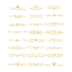 Obraz premium Gold text dividers doodle set. Wedding decorative elements. Divider ornament, borders, floral, vintage line separators. Hand drawn vector illustration isolated on white background. Set page dividers. 
