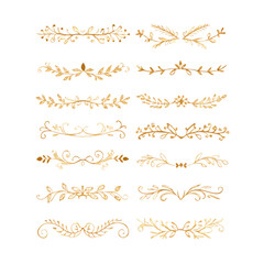 Obraz premium Gold text dividers doodle set. Wedding decorative elements. Divider ornament, borders, floral, vintage line separators. Hand drawn vector illustration isolated on white background. Set page dividers. 