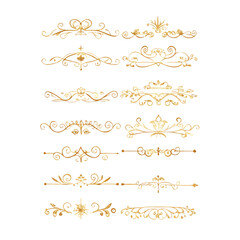 Obraz premium Gold text dividers doodle set. Wedding decorative elements. Divider ornament, borders, floral, vintage line separators. Hand drawn vector illustration isolated on white background. Set page dividers. 