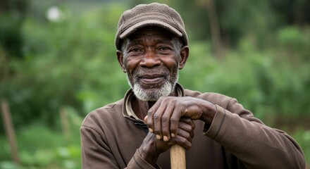 
Portrait of an elderly black man, white beard, rural worker, wearing a woolen cap, leaning on the handle of a tool.