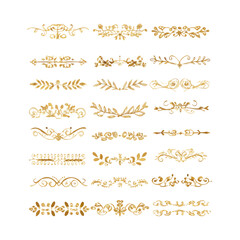 Gold text dividers doodle set. Wedding decorative elements. Divider ornament, borders, floral, vintage line separators. Hand drawn vector illustration isolated on white background. Set page dividers.

