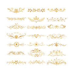 Gold text dividers doodle set. Wedding decorative elements. Divider ornament, borders, floral, vintage line separators. Hand drawn vector illustration isolated on white background. Set page dividers.
