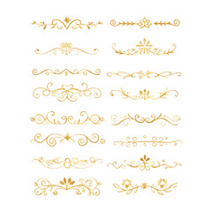 Gold text dividers doodle set. Wedding decorative elements. Divider ornament, borders, floral, vintage line separators. Hand drawn vector illustration isolated on white background. Set page dividers.
