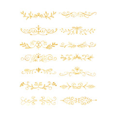 Gold text dividers doodle set. Wedding decorative elements. Divider ornament, borders, floral, vintage line separators. Hand drawn vector illustration isolated on white background. Set page dividers.
