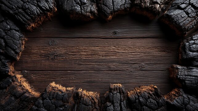 Rustic charred wood texture background with burnt wood grunge wooden backdrop and empty space for text
