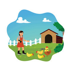 A little girl feeds chickens outdoors.