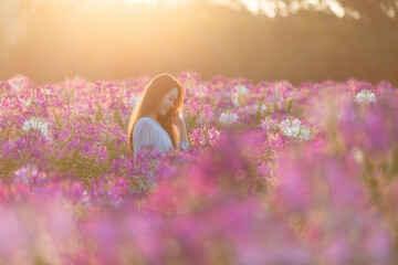 The beauty women of vast flower field in full bloom stretches The sunlight peeks through the...