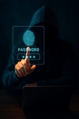 Hacker Using Futuristic Biometric Fingerprint Scanner and Password Interface on Laptop to Breach Cybersecurity System