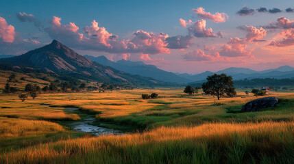 Fototapeta premium Happy lifestyle festival celebration in scenic mountain valley colorful sunset view nature's beauty