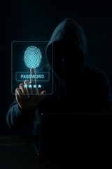Hacker Using Futuristic Biometric Fingerprint Scanner and Password Interface on Laptop to Breach Cybersecurity System