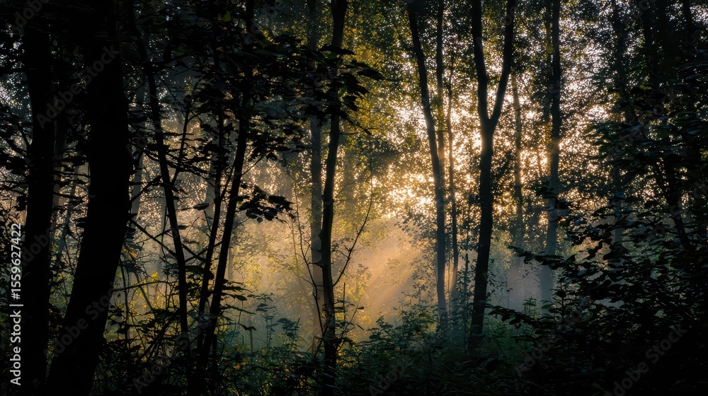 Poster sunlight filtering through a dense forest.