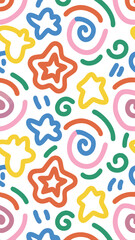 Whimsical Starburst Pattern: A vibrant, playful pattern featuring colorful stars, swirls, and abstract shapes against a white background. Perfect for textile design, children's products.