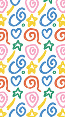 Playful Pattern of Hand-Drawn Shapes: This design is a lively and joyful, repeating pattern of various, colorful, hand-drawn shapes creating a cheerful visual appeal.