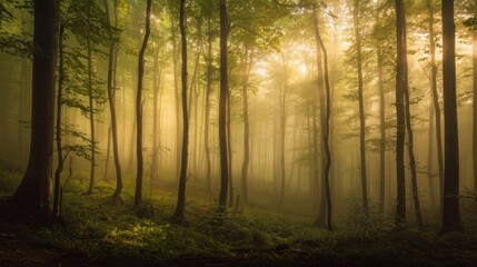 Obraz premium Golden light penetrates a misty forest.