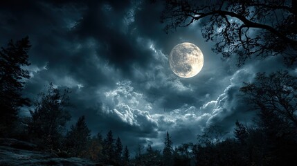 Fototapeta premium Spooky full moon on dark night sky with silhouetted trees and clouds evoking horror, mystery, and Halloween feel
