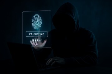 Hacker Using Futuristic Biometric Fingerprint Scanner and Password Interface on Laptop to Breach Cybersecurity System