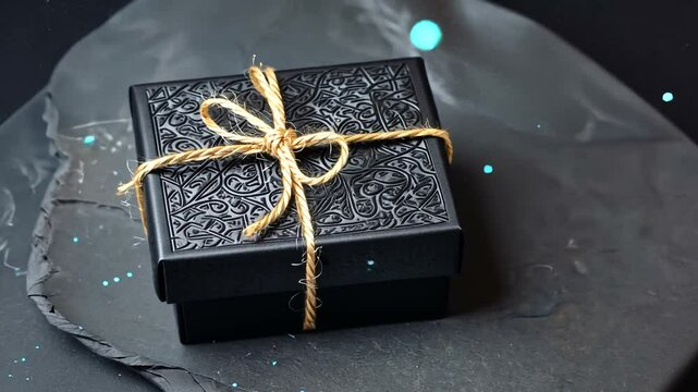 Elegant black gift box with intricate design and twine bow on a dark stone surface