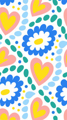 Heart and Flower Pattern: A cheerful and vibrant pattern featuring stylized hearts and daisies in pastel pink, yellow, and blue. Perfect for backgrounds, textiles, and digital designs.