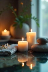 Serene Spa Scene Lit Candles, Essential Oils, and Smooth Stones Create a Tranquil Atmosphere Perfect for Wellness and Self-Care