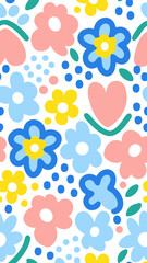 Floral Reverie: A vibrant, abstract illustration showcases an array of stylized flowers, hearts and dots, all intermingling in a seamless, dynamic composition.