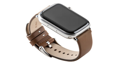 Close up of a smart watch with a brown leather wrist band shown on transparent background
