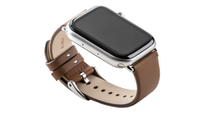 Close up of a smart watch with a brown leather wrist band shown on transparent background