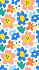 Vibrant Floral Design: A lively collection of hand-drawn flowers in various sizes and colors, creating a cheerful and captivating surface design.
