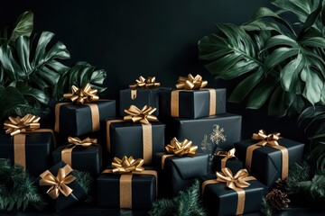 Elegant pile of black gift boxes with shiny gold bows standing near green plants in dark minimalist room