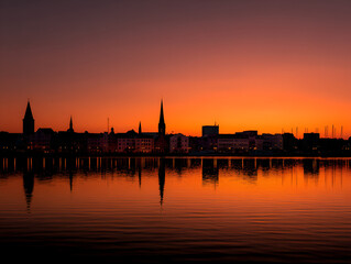 Fototapeta premium City Skyline Silhouette Reflecting on Water During Vibrant Orange Sunset