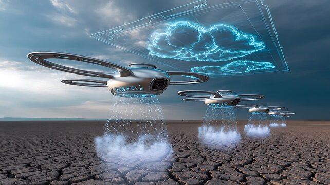 Futuristic drones deploy shimmering energy over cracked earth under a cloudy sky
