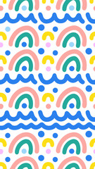 Obraz premium Rainbow and Waves Pattern: A cheerful pattern featuring colorful rainbows and whimsical waves, designed in a minimalist style. Evoking a sense of joy and harmony