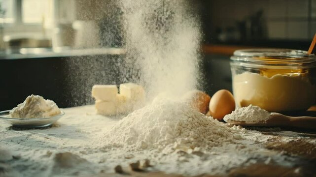 Flour dusts a kitchen counter amidst baking ingredients
