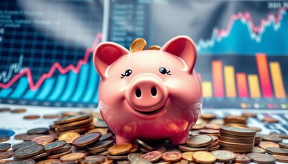 A cheerful piggy bank overflowing with coins amidst financial charts and graphs,  finance icon,  commerce