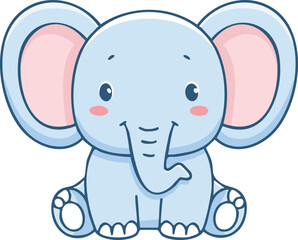 A charming cartoon elephant with big ears and a friendly smile, sitting.