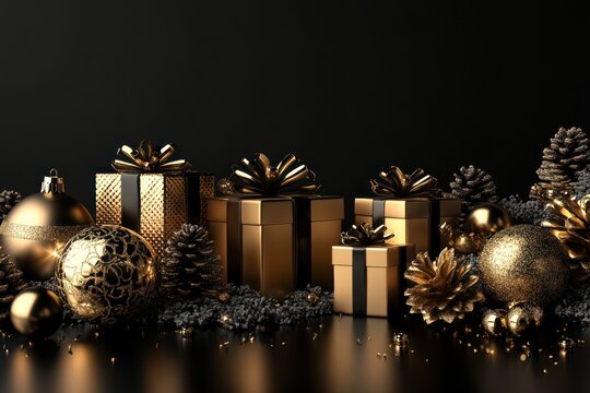 Elegant 3D render of gold baubles and gift boxes for New Year and Christmas decoration on black background - Powered by Adobe
