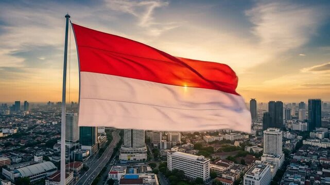 Indonesian flag waving proudly in Jakarta at sunset, commemorating independence day