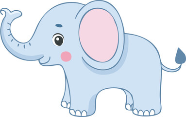 A cute, light-blue baby elephant stands, trunk raised, showcasing a cheerful expression.