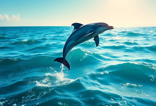 Joyful dolphin leaping high above turquoise ocean waves, sunlit marine scene, clipart, background