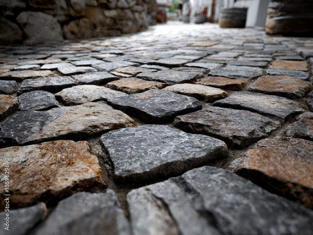 Poster cobblestone pathway detail with earth tones and shallow depth of field