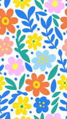 Floral Delight: A vibrant and cheerful seamless pattern showcasing a delightful array of colorful flowers and leaves, perfect for textile design or digital scrapbooking.