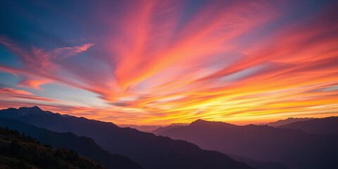 Serene mountain landscape with vibrant sunset sky, ideal for banners and cards,  outdoor,  illustration art