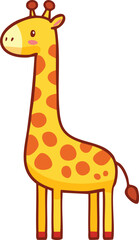 Cartoon giraffe standing upright with a long neck and spotted coat, smiling.